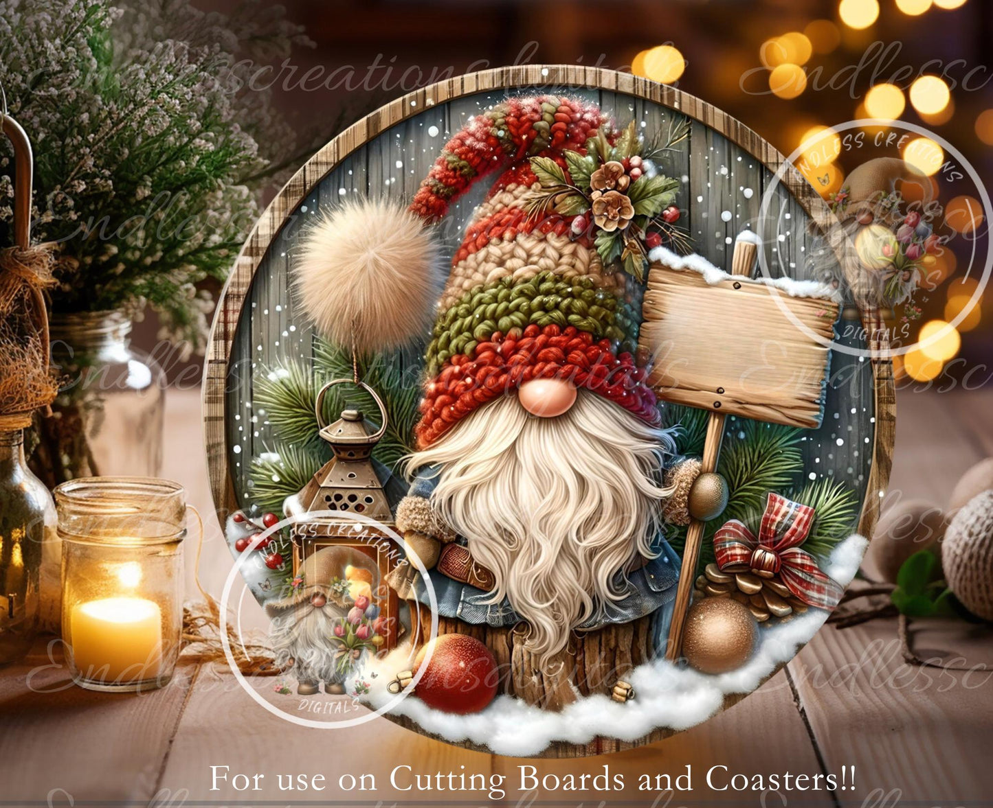 ROUND WINTER GNOME Door hanger, wreath sign square cutting board, coasters can resize,  for sublimation high resolution 2 files, 1 add text