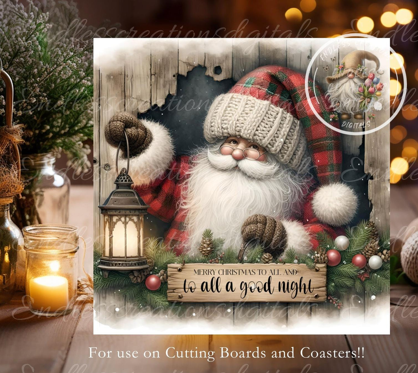 VINTAGE SANTA SQUARE door hanger, wreath sign, square cutting board, coasters sublimation high resolution 2 files, 1 add your own text