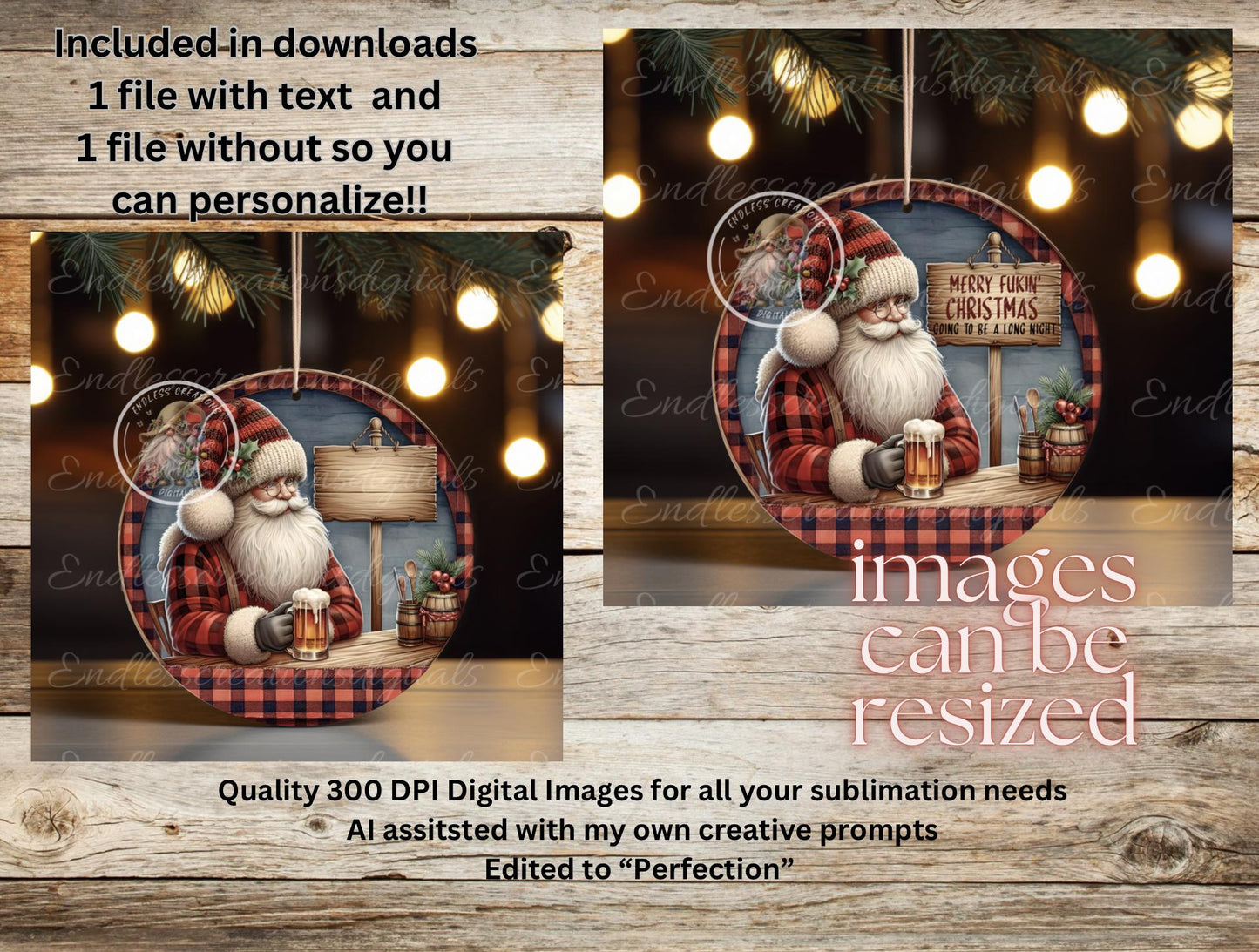 DRINKING BEER SANTA ornament, Door Hanger for sublimation high resolution 2 files for download 1 add your own text