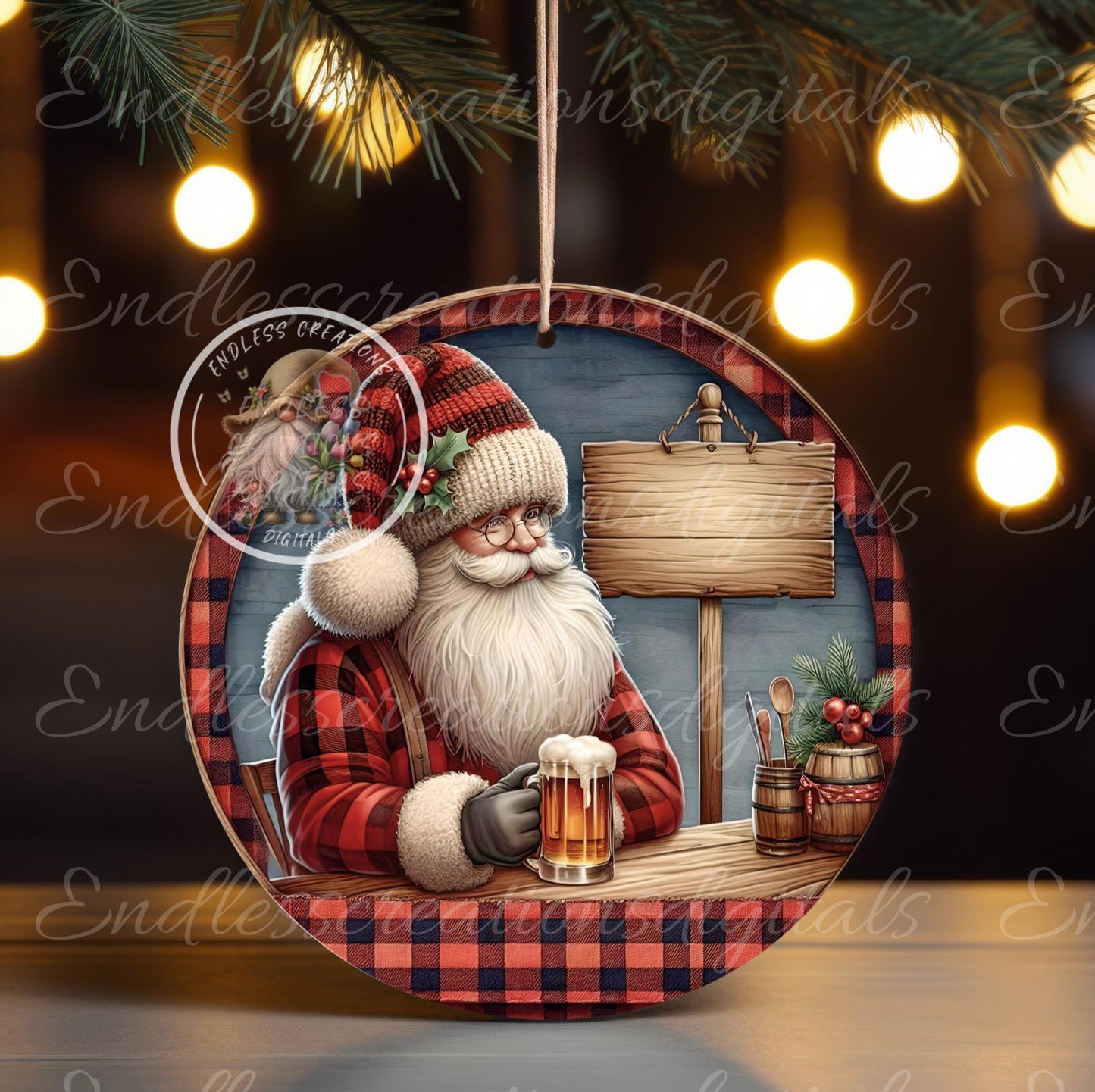 DRINKING BEER SANTA ornament, Door Hanger for sublimation high resolution 2 files for download 1 add your own text