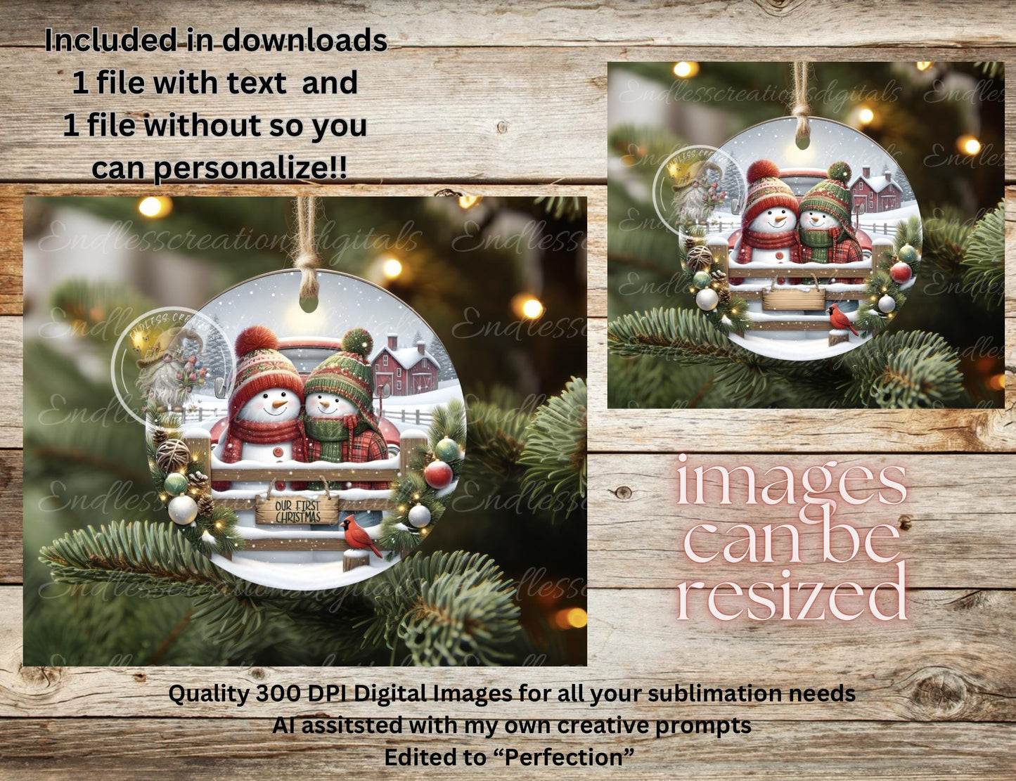 SNOWMAN COUPLE FIRST Christmas ornament, Door Hanger for sublimation high resolution 2 files for download 1 add your own text