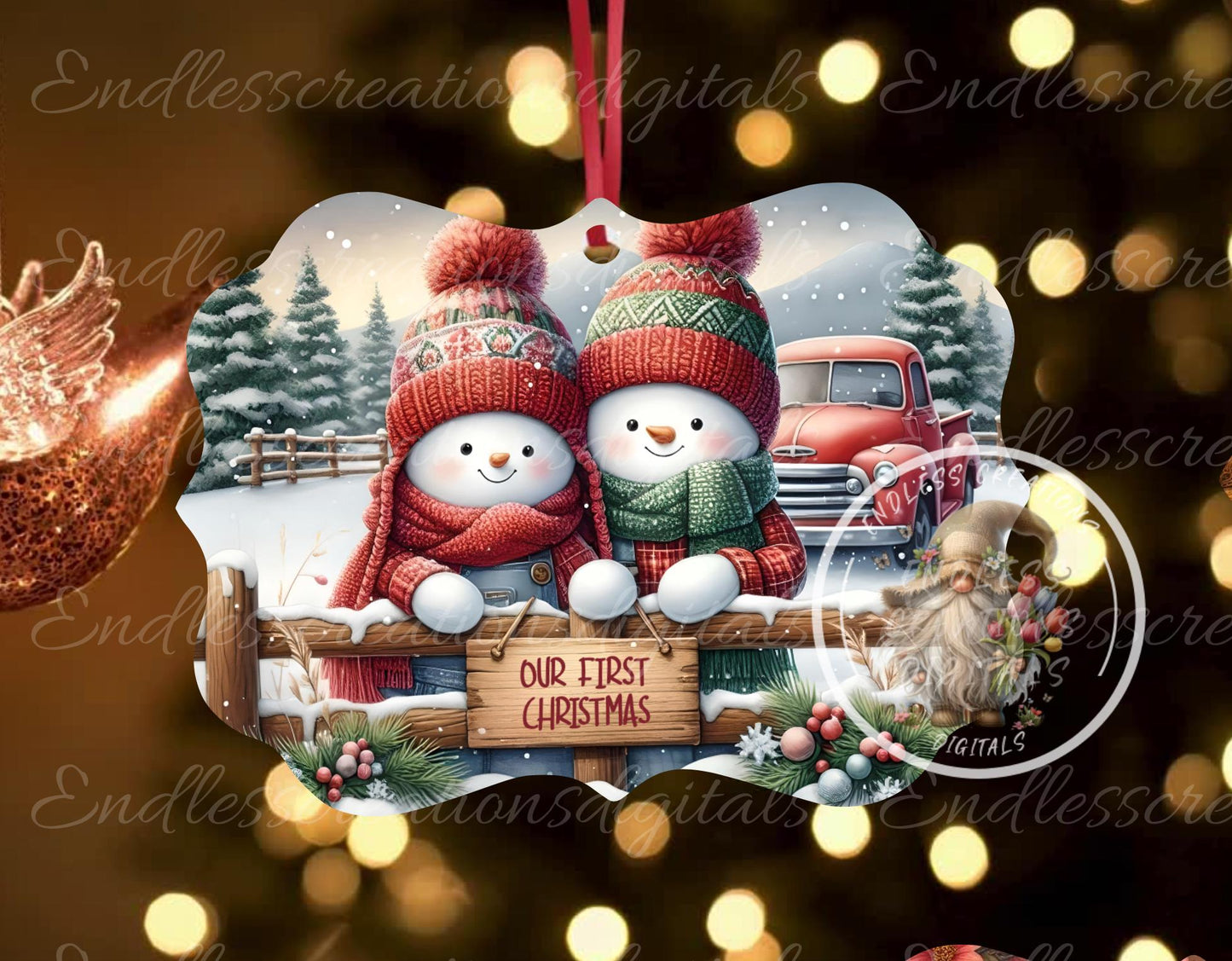 SNOWMAN COUPLE FIRST Christmas ornament, Door Hanger for sublimation high resolution 2 files for download 1 add your own text, can resize