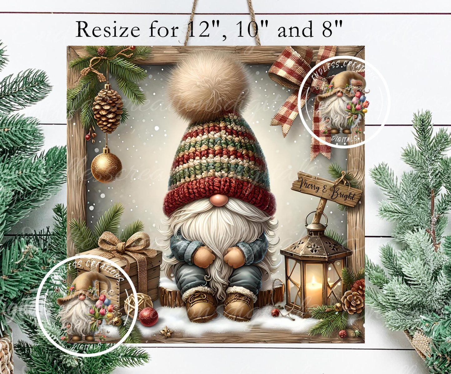 SQUARE WINTER GNOME Door hanger, wreath sign square cutting board, coasters can resize,  for sublimation high resolution 2 files, 1 add text