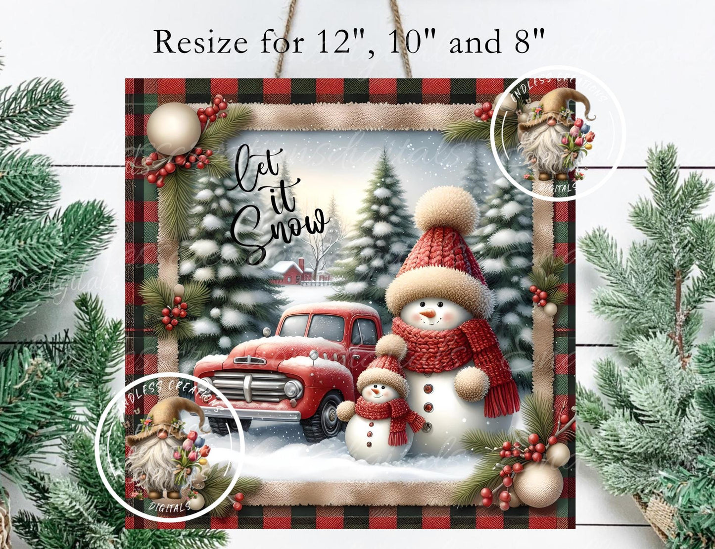 SQUARE TRUCK SNOWMAN Door hanger, wreath sign square cutting board, coasters can resize,  for sublimation high resolution 2 files 1 add text