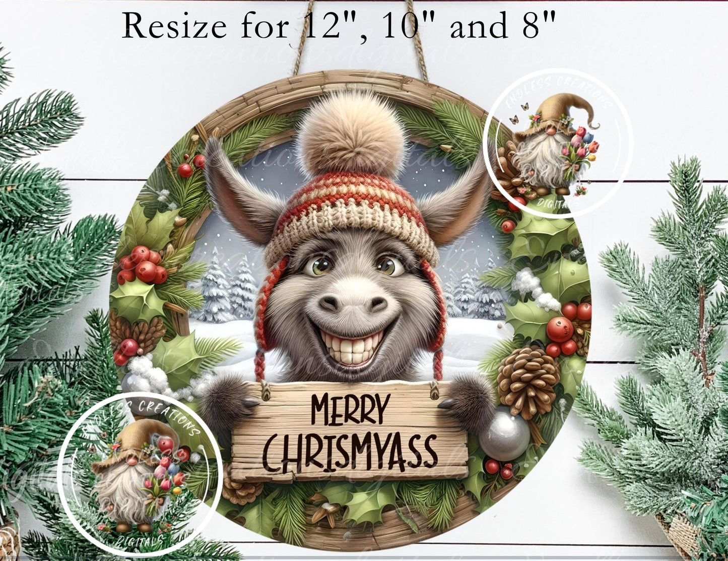 MERRY CHRISMYASS DONKEY ornament, Door Hanger for sublimation high resolution 2 files for download 1 add your own text