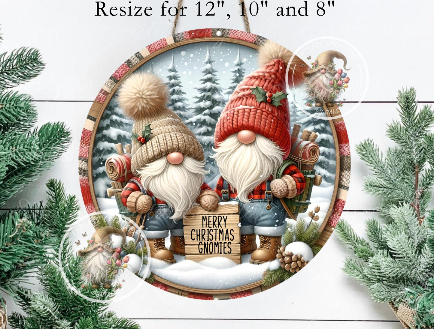 CHRISTMAS GNOMIES  Door hanger, wreath sign round cutting board, ornaments, can resize for sublimation high resolution 2 files 1 add text