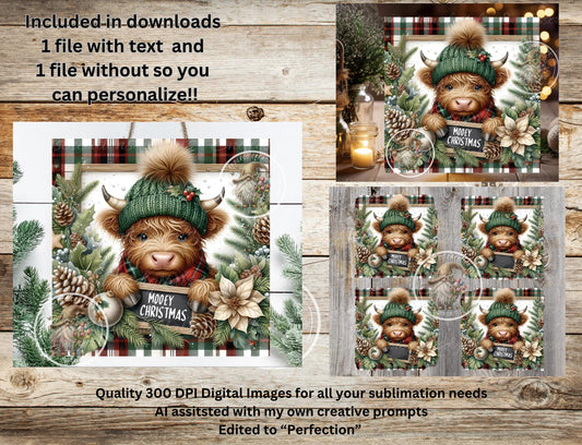 MOOEY CHRISTMAS HIGHLAND  Door hanger, wreath sign,  cutting board, coasters, can resize for sublimation high resolution 2 files 1 add text