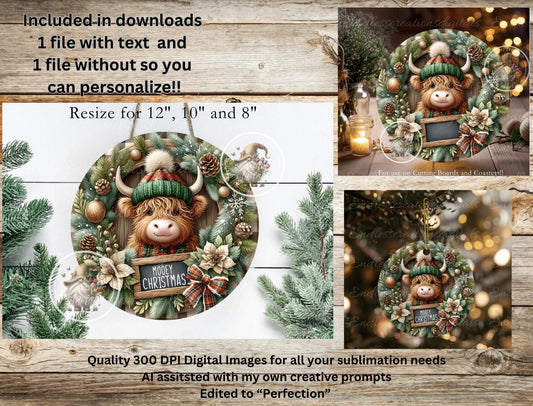 ROUND MOOEY CHRISTMAS Door hanger, wreath sign,  cutting board, coasters, can resize for sublimation high resolution 2 files 1 add text