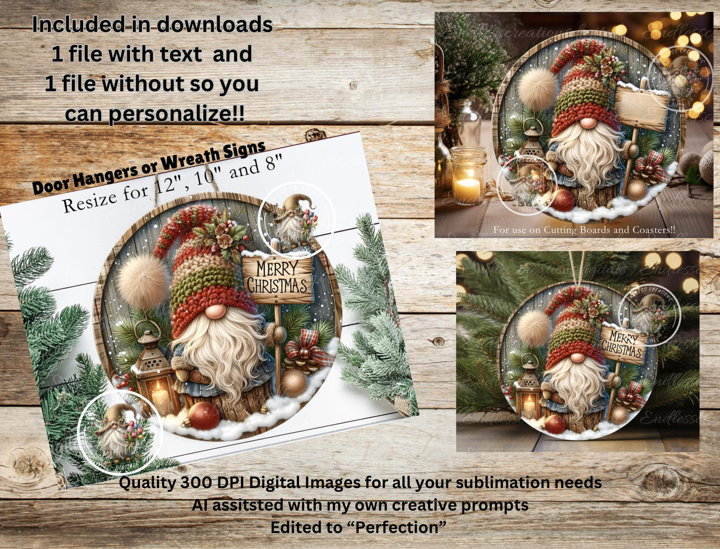 ROUND WINTER GNOME Door hanger, wreath sign square cutting board, coasters can resize,  for sublimation high resolution 2 files, 1 add text