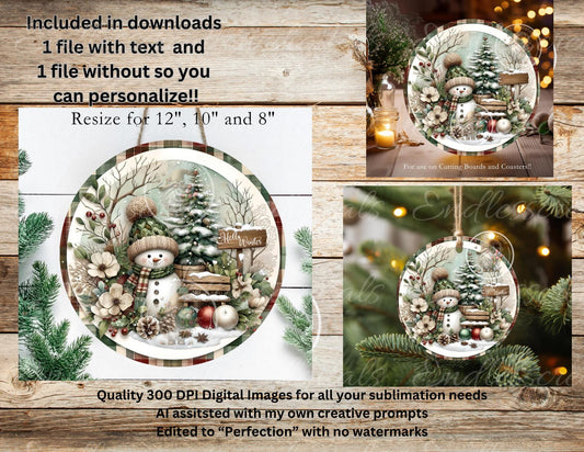 VINTAGE WINTER SNOWMAN Door hanger wreath sign,  cutting board ornament can resize for sublimation high resolution 2 files 1 add text