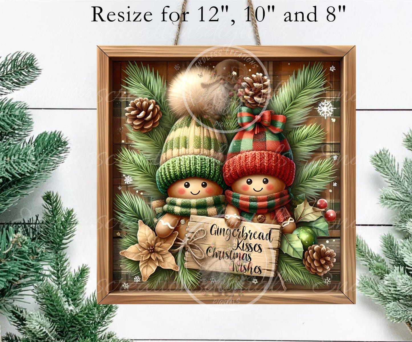 GINGERBREAD KISSES CHRISTMAS Door hanger wreath sign,  cutting board, coasters can resize for sublimation high resolution 2 files 1 add text