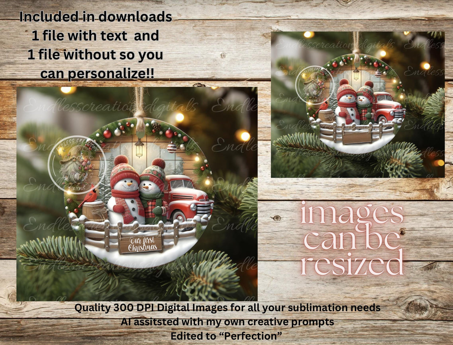 SNOWMAN COUPLE FIRST Christmas ornament, Door Hanger for sublimation high resolution 2 files for download 1 add your own text