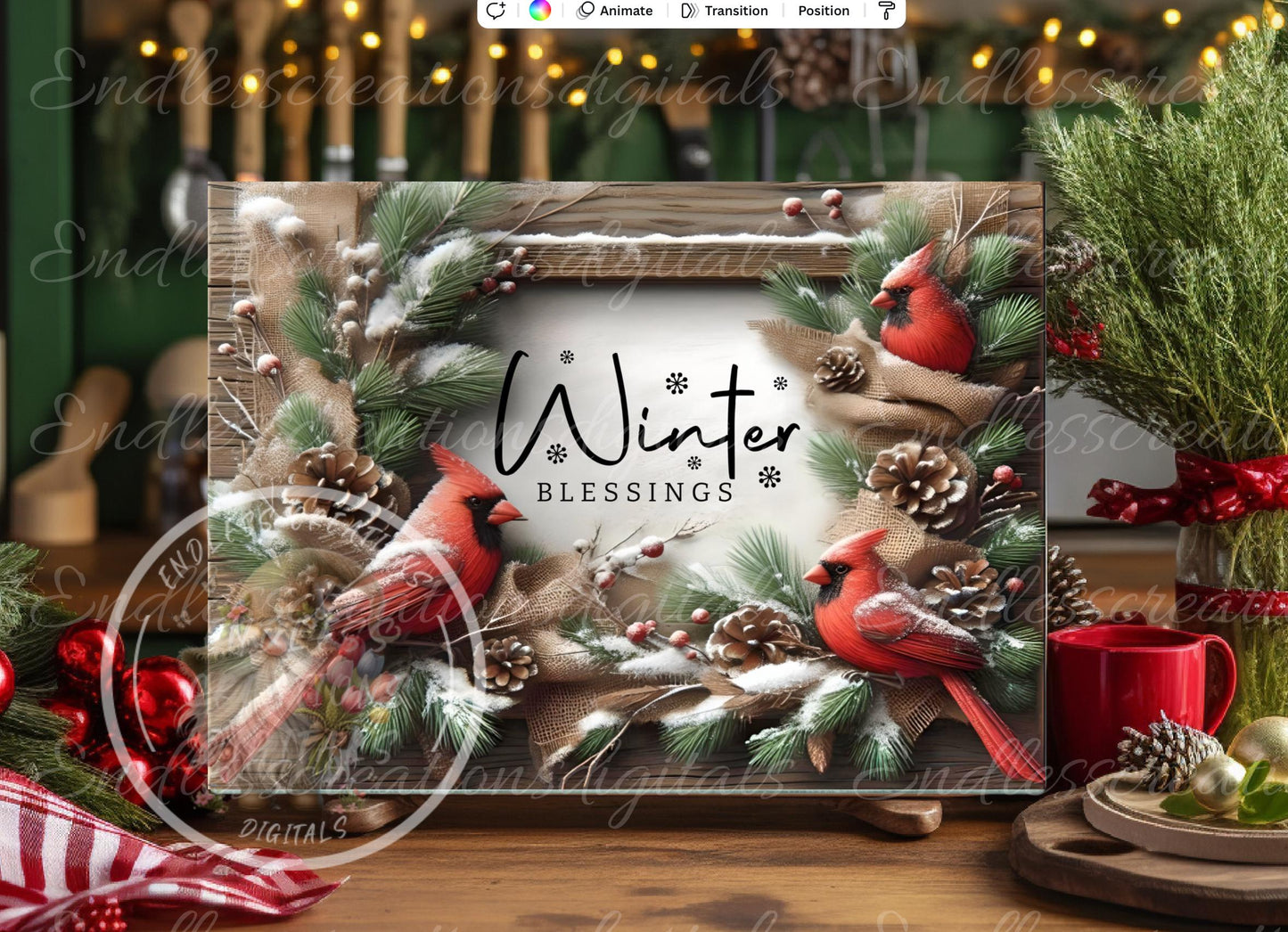 WINTER CARDINALS Cutting board sublimation, 300 dpi high resolution 2 files for download 1 add your own text