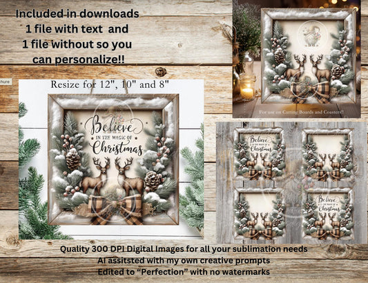 RUSTIC CHRISTMAS DEER Door hanger, cutting board, coasters,  sublimation high resolution 2 files for download 1 add your own text