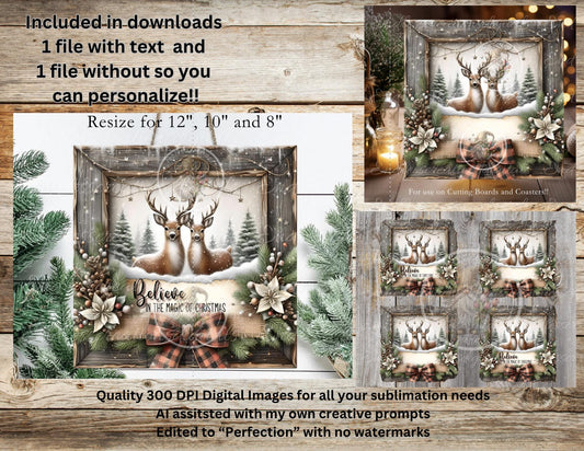 BELIEVE DEER SQUARE Door Hanger, cutting board, coasters,  sublimation high resolution 2 files for download 1 add your own text Resize