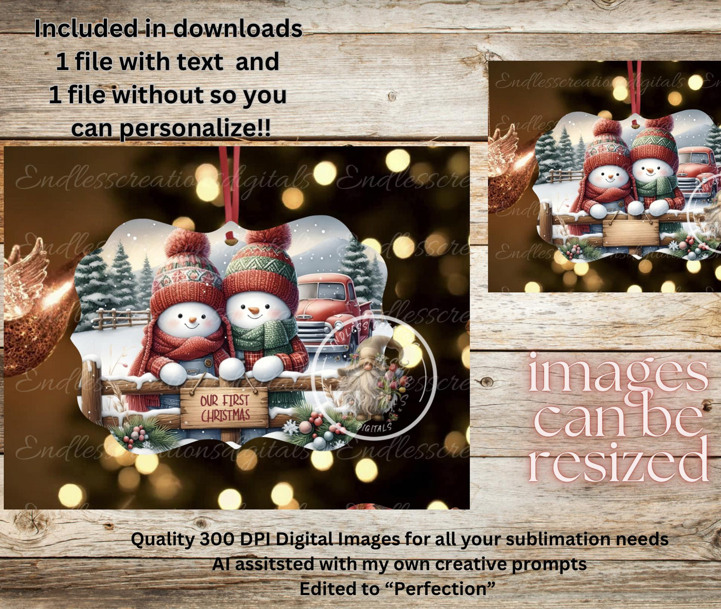 SNOWMAN COUPLE FIRST Christmas ornament, Door Hanger for sublimation high resolution 2 files for download 1 add your own text, can resize