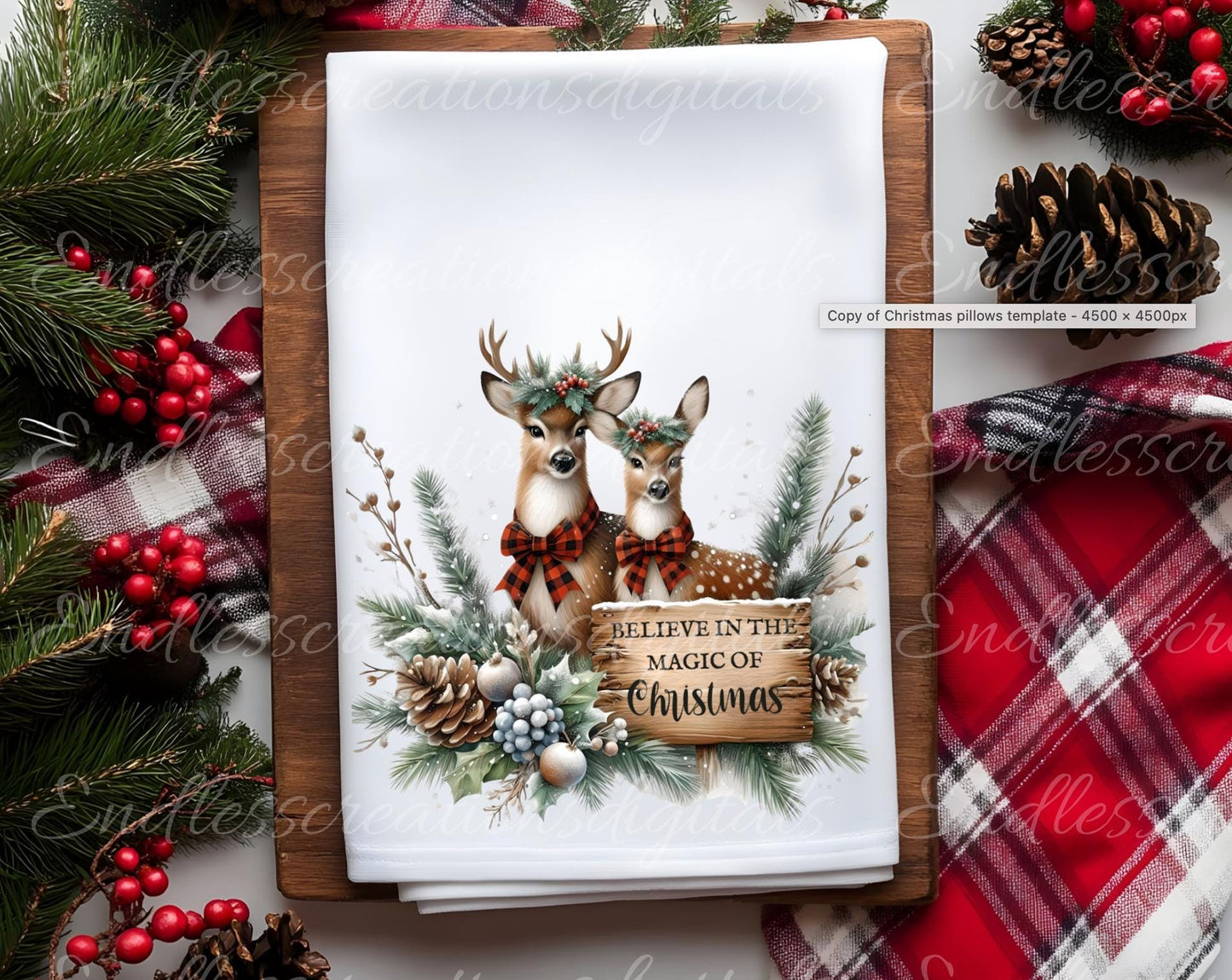 CHRISTMAS DEER PILLOW covers, tea towel, tote bags, mugs, plant pots etc. sublimation package of 5 high definition 300 Dpi, transparent,