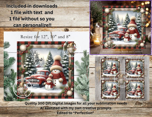 SQUARE TRUCK SNOWMAN Door hanger, wreath sign square cutting board, coasters can resize,  for sublimation high resolution 2 files 1 add text