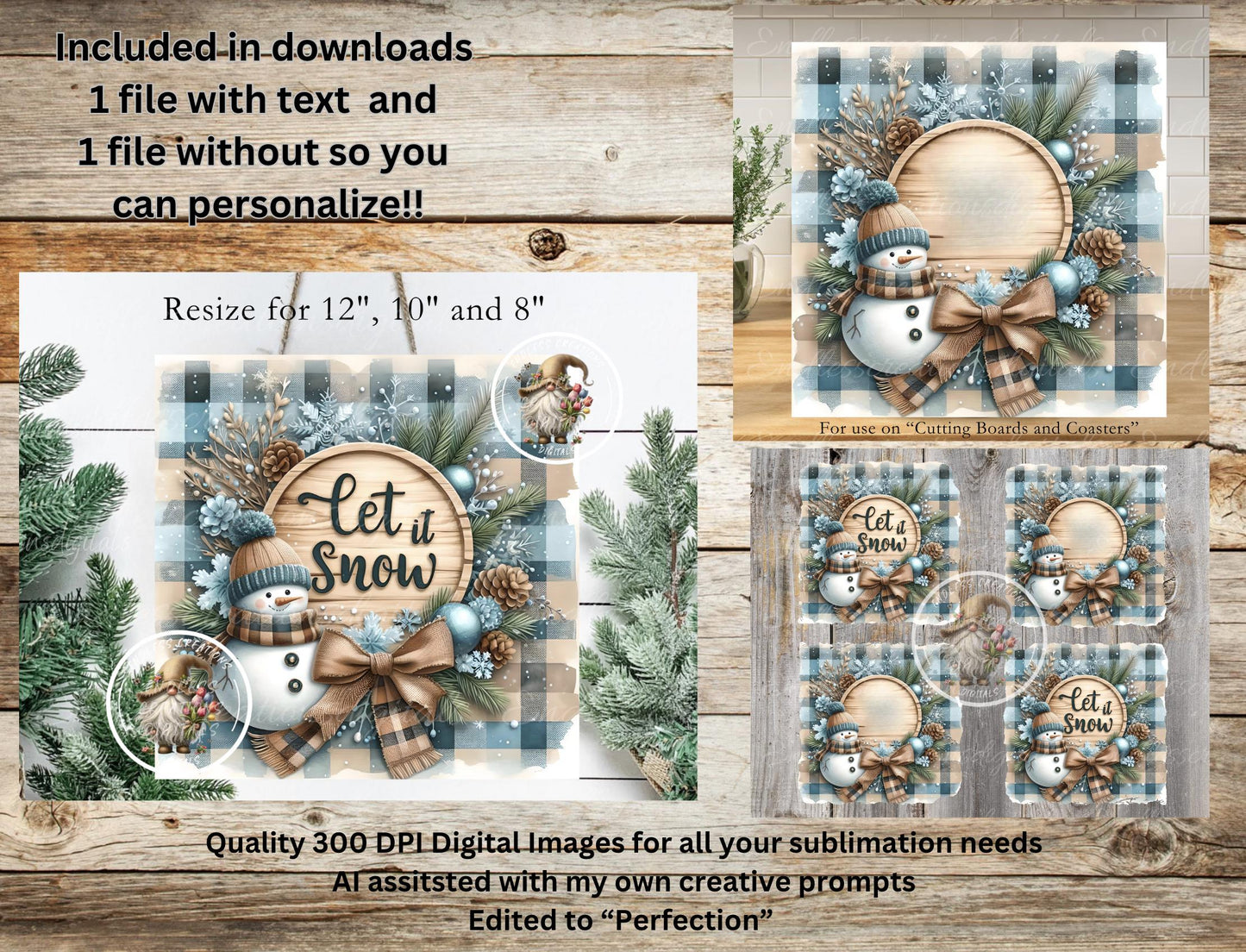 SQUARE LET IT Snow Door hanger, wreath sign square cutting board, coasters, can resize for sublimation high resolution 2 files 1 add text