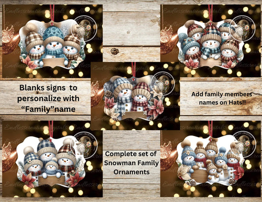 SNOWMAN FAMILY CHRISTMAS ornaments, Door Hanger for sublimation high resolution 5 files for download, personalize with text