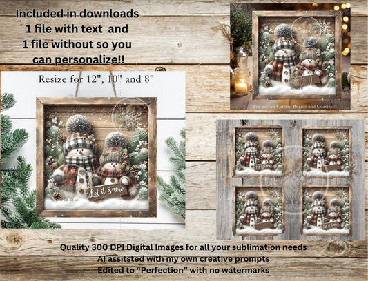 LET IT SNOW Square Door Hanger, cutting board, coasters,  sublimation high resolution 2 files for download 1 add your own text Resize