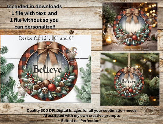 BELIEVE PLAID DOOR Hanger, cutting board sublimation, ornament  sublimation high resolution 2 files for download 1 add your own text Resize