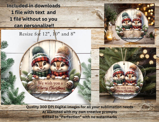 CHRISTMAS CHIPMUNKS ROUND  Door Hanger, cutting board, ornament sublimation high resolution 2 files for download 1 add your own text Resize