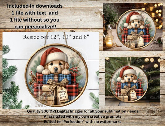 CHRISTMAS PUPPY ROUND  Door Hanger, cutting board, ornament sublimation high resolution 2 files for download 1 add your own text Resize