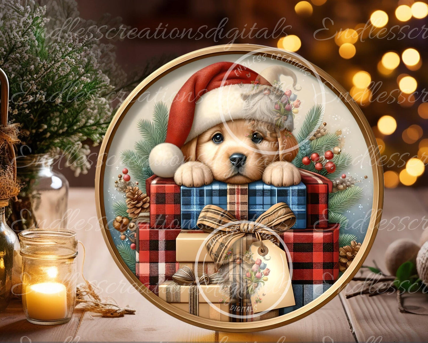 CHRISTMAS PUPPY ROUND  Door Hanger, cutting board, ornament sublimation high resolution 2 files for download 1 add your own text Resize