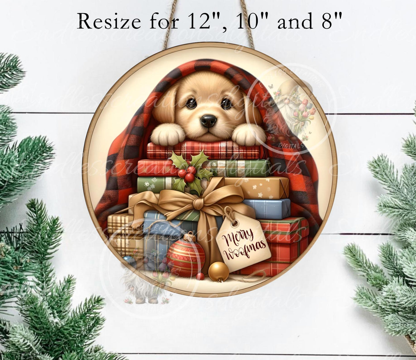 CHRISTMAS PUPPY ROUND  Door Hanger, cutting board, ornament sublimation high resolution 2 files for download 1 add your own text Resize