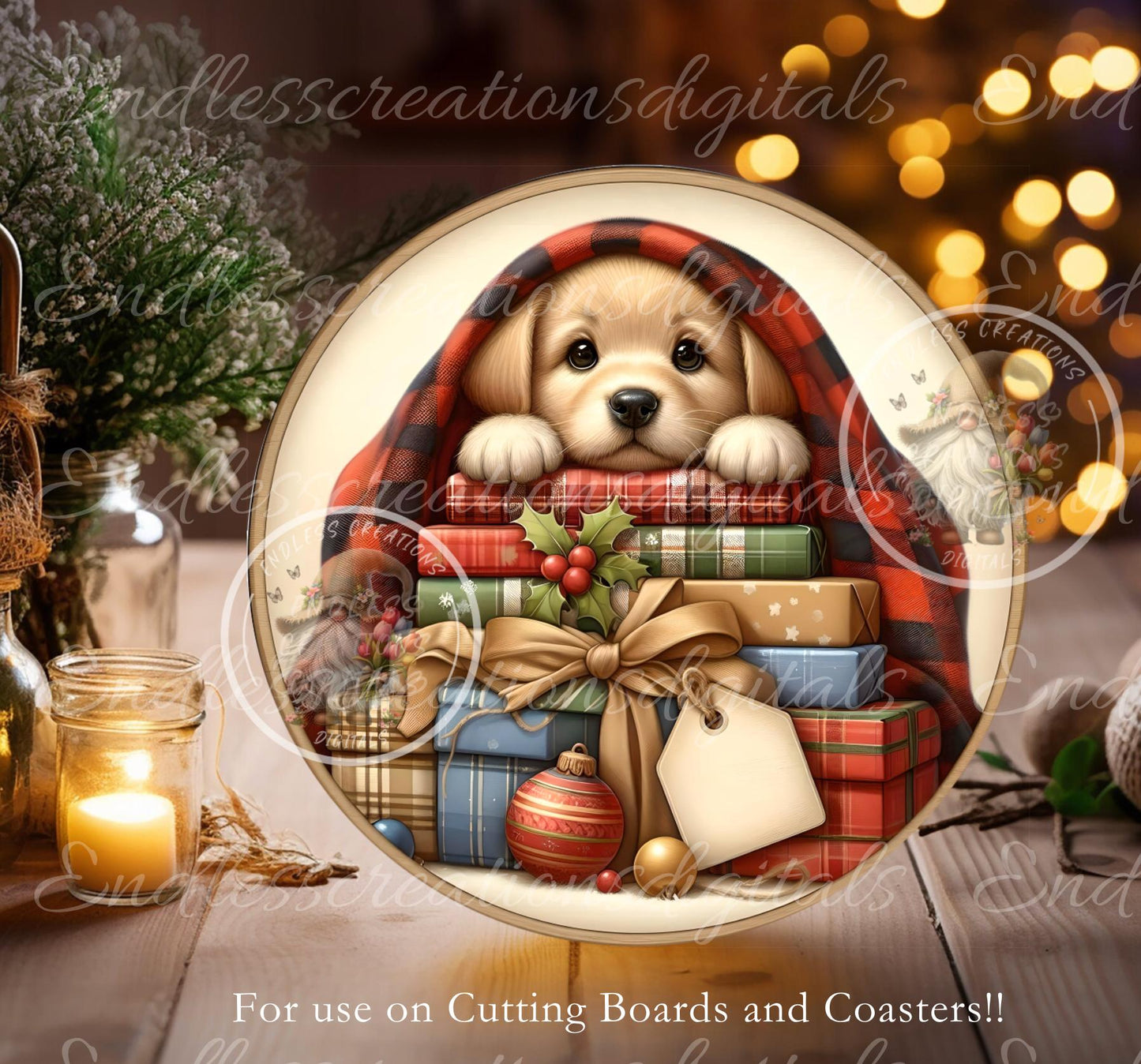 CHRISTMAS PUPPY ROUND  Door Hanger, cutting board, ornament sublimation high resolution 2 files for download 1 add your own text Resize