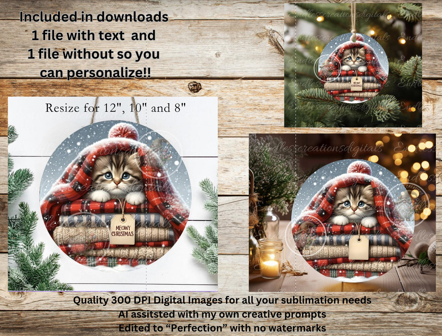 MEOWY CHRISTMAS ROUND  Door Hanger, cutting board, ornament sublimation high resolution 2 files for download 1 add your own text Resize