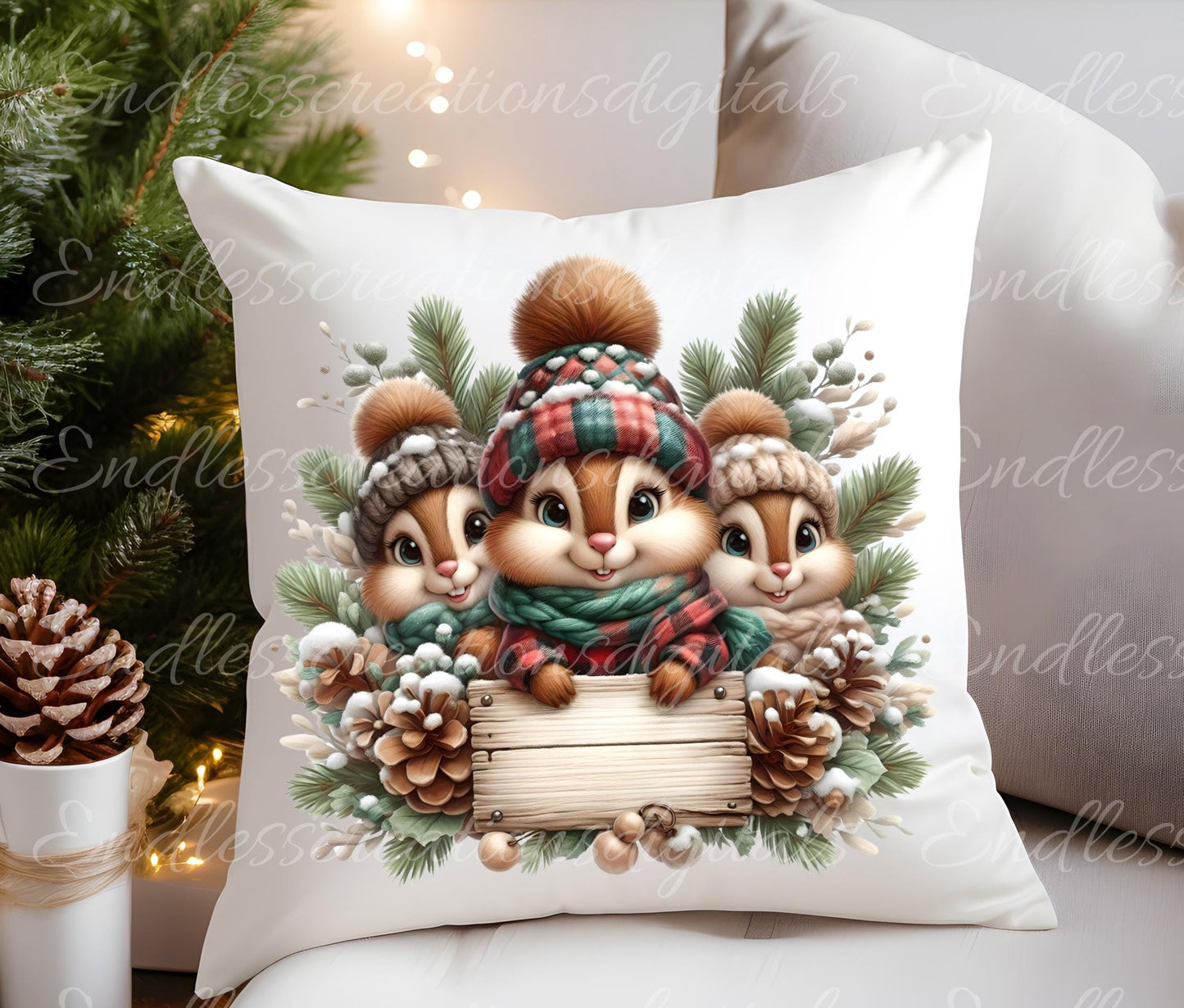 CHRISTMAS CHIPMUNKS PILLOW covers, tea towel, mugs,  sublimation package of 5 blanks add your own text high definition 300 Dpi, transparent,