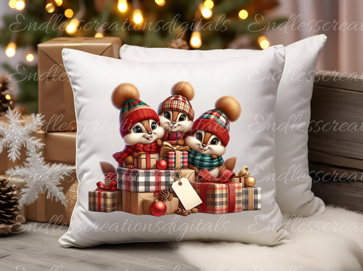 CHRISTMAS CHIPMUNKS PILLOW covers, tea towel, mugs,  sublimation package of 5 blanks add your own text high definition 300 Dpi, transparent,