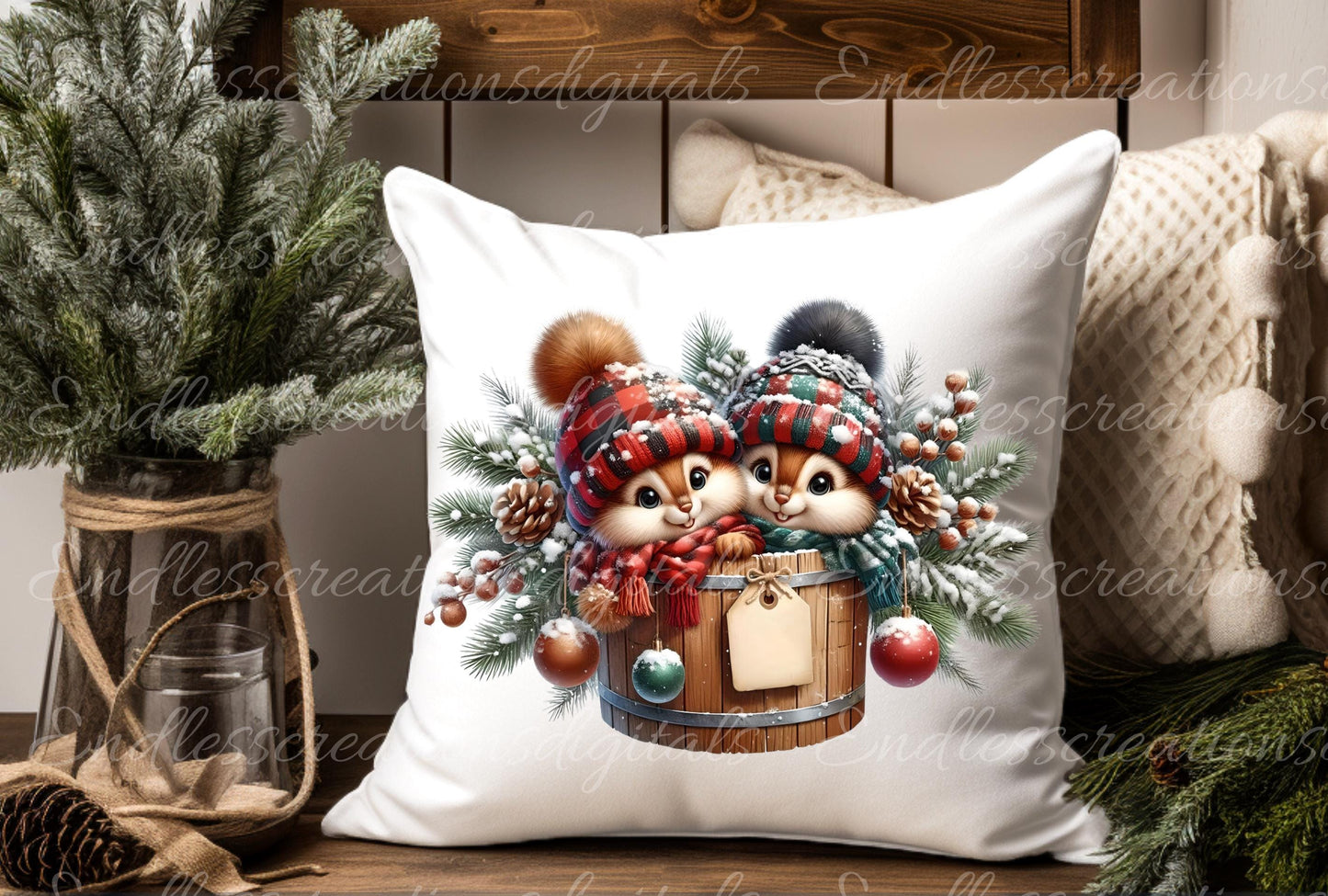 CHRISTMAS CHIPMUNKS PILLOW covers, tea towel, mugs,  sublimation package of 5 blanks add your own text high definition 300 Dpi, transparent,