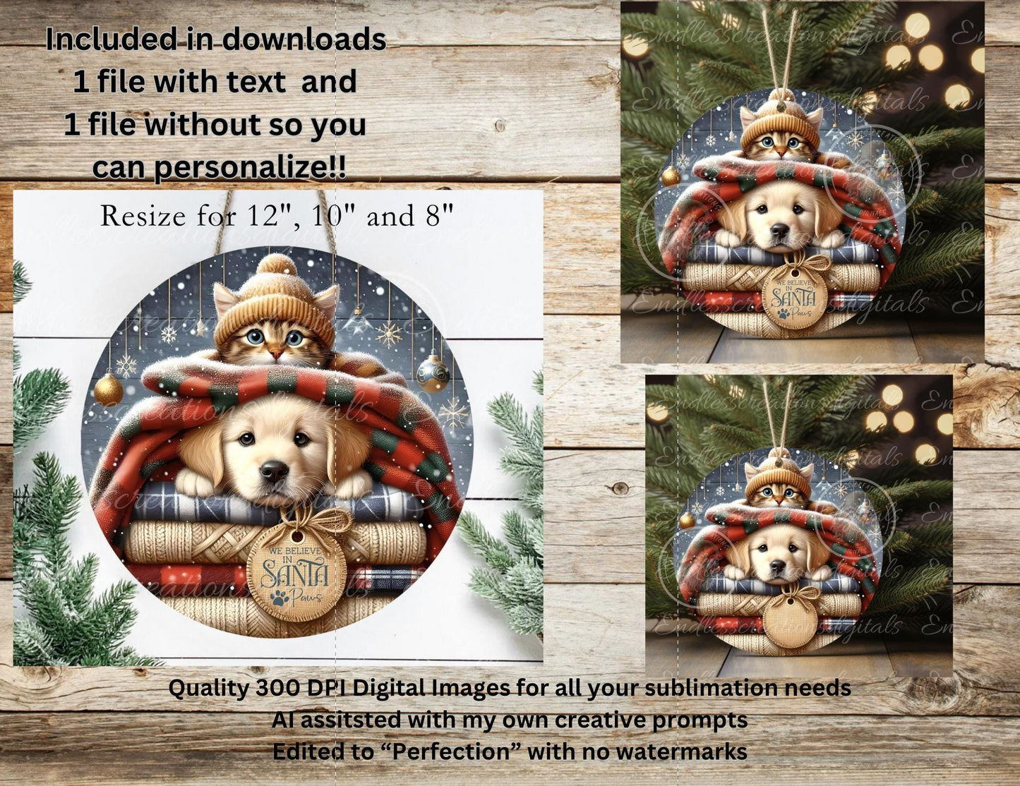 SANTA PAWS ROUND  Door Hanger, cutting board, ornament sublimation high resolution 2 files for download 1 add your own text Resize