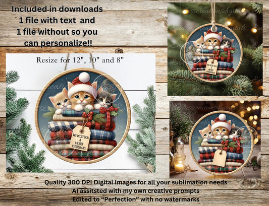 MEOWY CHRISTMAS ROUND  Door Hanger, cutting board, ornament sublimation high resolution 2 files for download 1 add your own text Resize