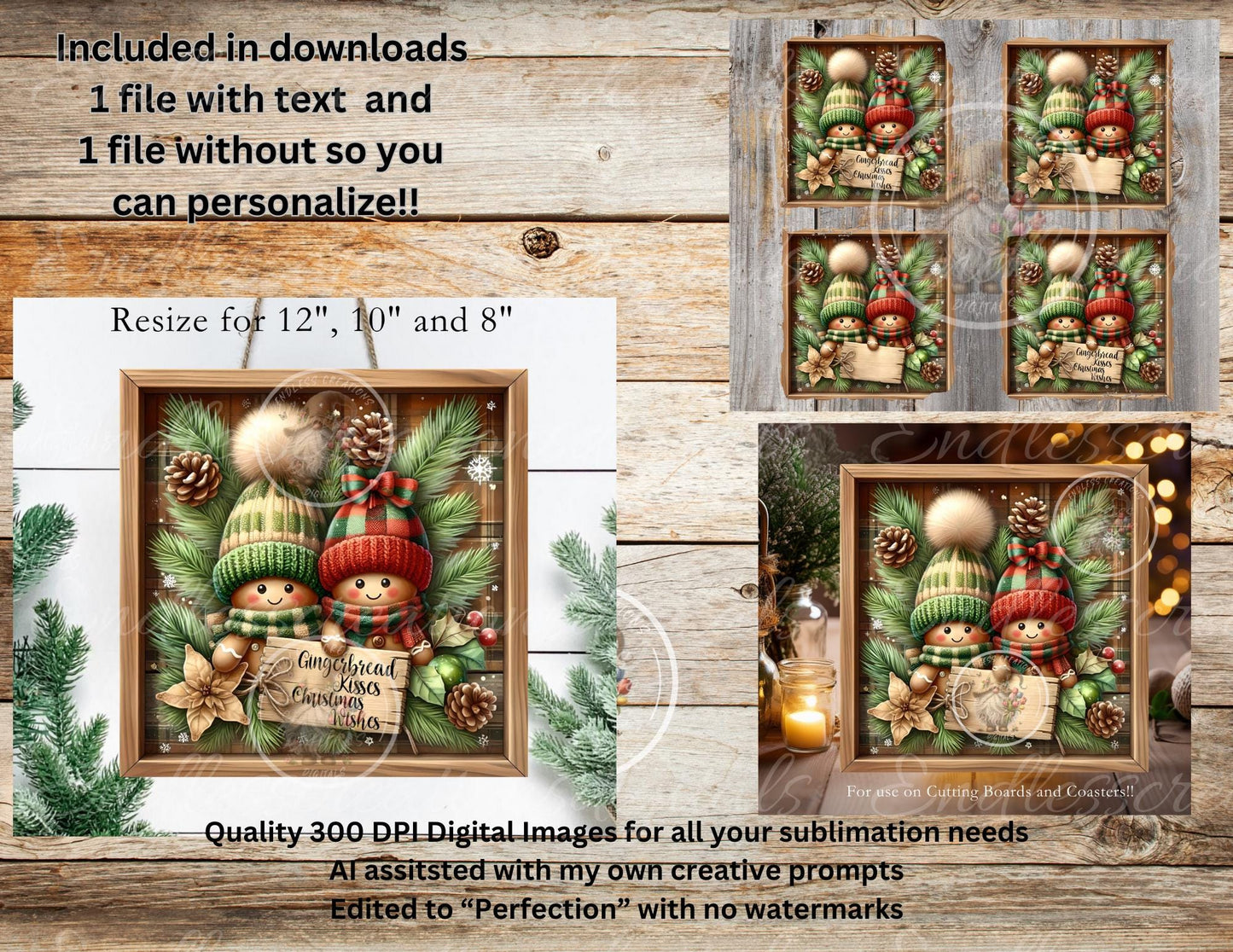 GINGERBREAD KISSES CHRISTMAS Door hanger wreath sign,  cutting board, coasters can resize for sublimation high resolution 2 files 1 add text