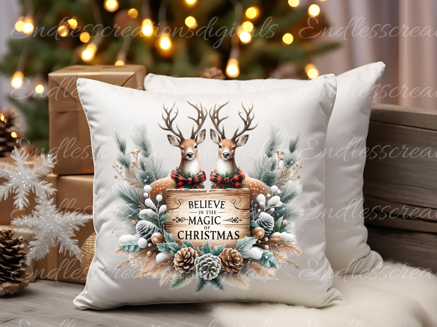 CHRISTMAS DEER PILLOW covers, tea towel, tote bags, mugs, plant pots etc. sublimation package of 5 high definition 300 Dpi, transparent,