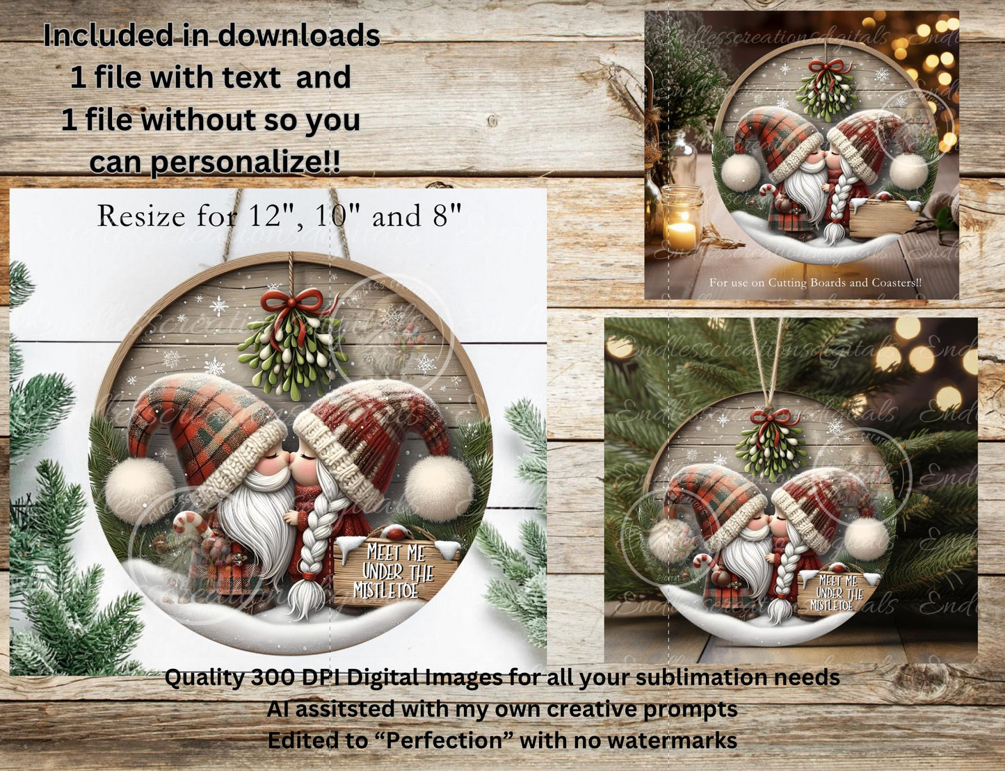 MISTLETOE GNOMES ROUND  Door Hanger, cutting board, ornament sublimation high resolution 2 files for download 1 add your own text Resize