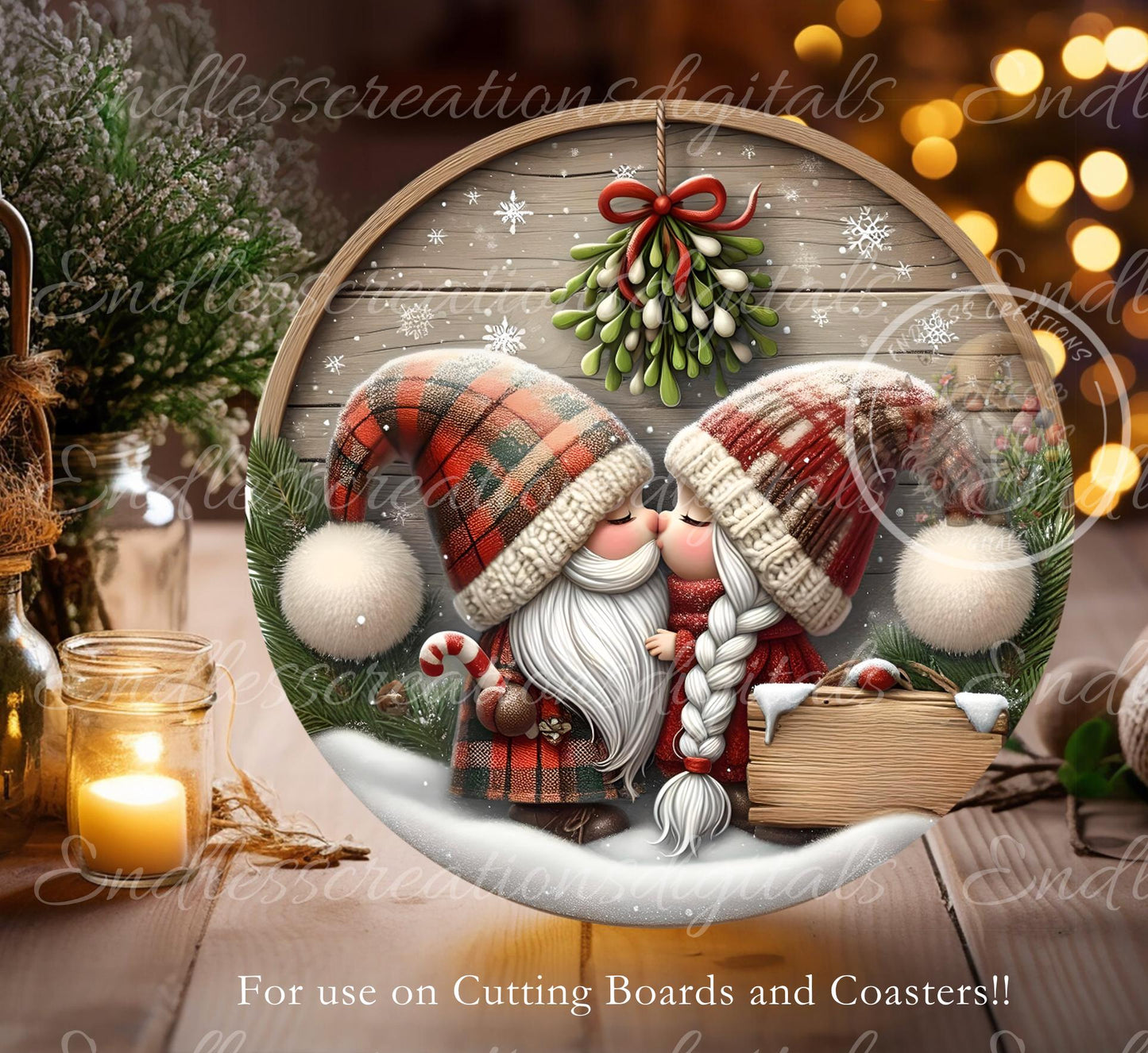 MISTLETOE GNOMES ROUND  Door Hanger, cutting board, ornament sublimation high resolution 2 files for download 1 add your own text Resize