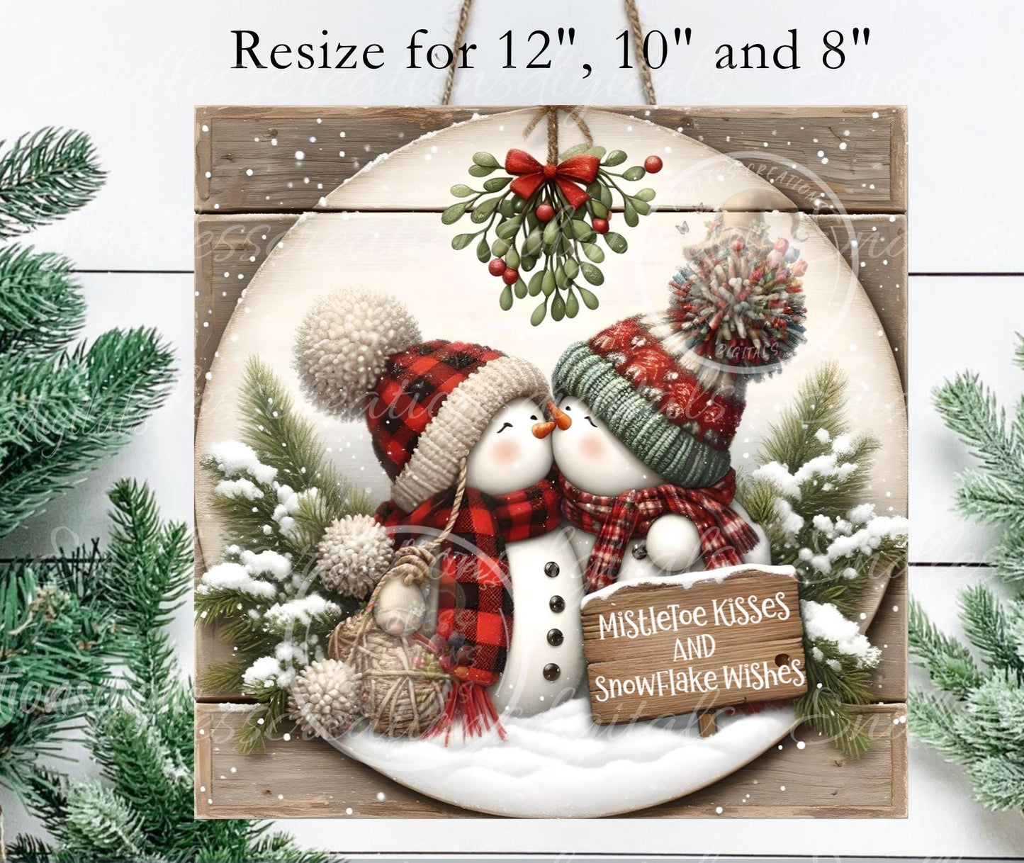 MISTLETOE SNOWMAN SQUARE Door Hanger, cutting board, ornament sublimation high resolution 2 files for download 1 add your own text Resize