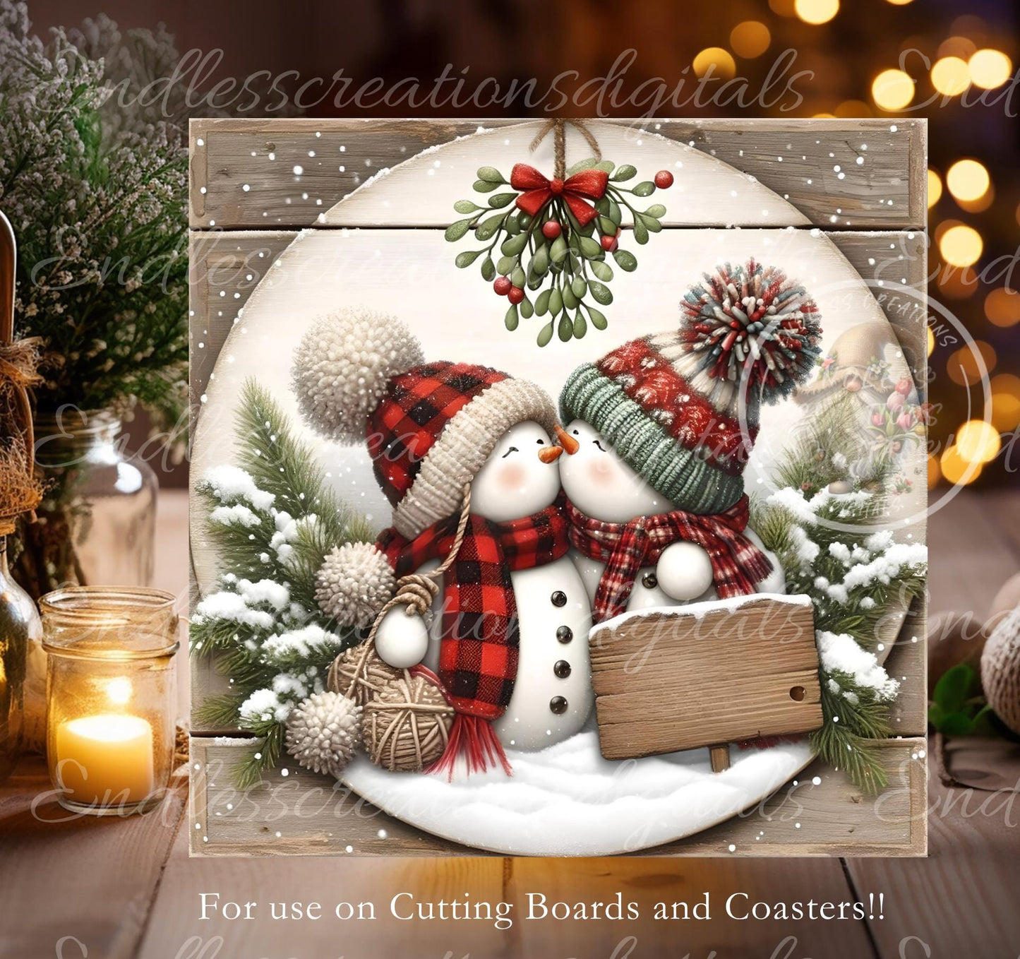 MISTLETOE SNOWMAN SQUARE Door Hanger, cutting board, ornament sublimation high resolution 2 files for download 1 add your own text Resize