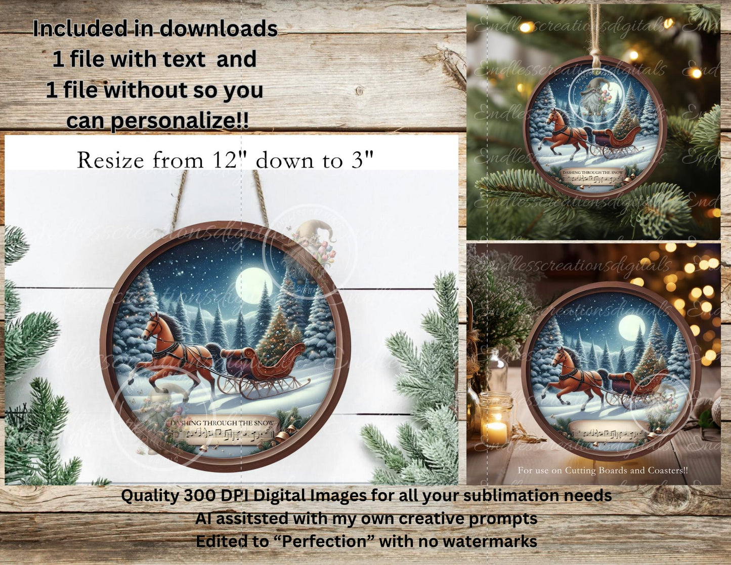 DASHING THROUGH THE Snow Door Hanger, cutting board, ornament sublimation high resolution 2 files for download 1 add your own text Resize