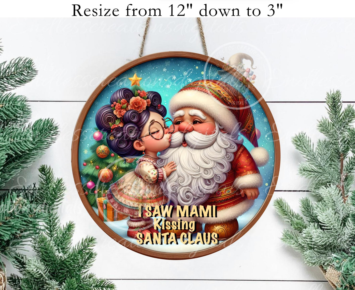 MAMI KISSING SANTA  Door Hanger, cutting board, ornament sublimation high resolution 2 files for download 1 add your own text Resize