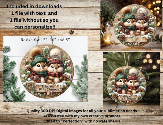 CHRISTMAS CHIPMUNKS ROUND  Door Hanger, cutting board, ornament sublimation high resolution 2 files for download 1 add your own text Resize