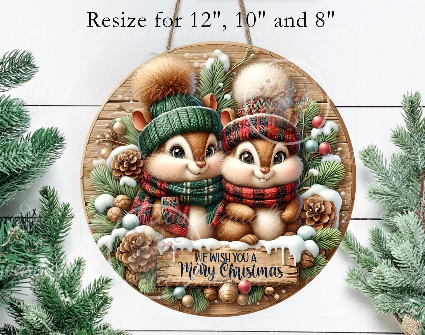 CHRISTMAS CHIPMUNKS ROUND  Door Hanger, cutting board, ornament sublimation high resolution 2 files for download 1 add your own text Resize