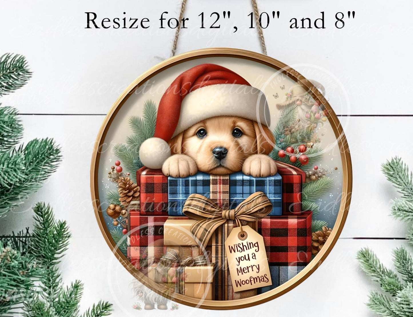 CHRISTMAS PUPPY ROUND  Door Hanger, cutting board, ornament sublimation high resolution 2 files for download 1 add your own text Resize