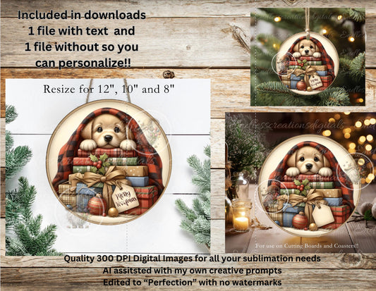 CHRISTMAS PUPPY ROUND  Door Hanger, cutting board, ornament sublimation high resolution 2 files for download 1 add your own text Resize