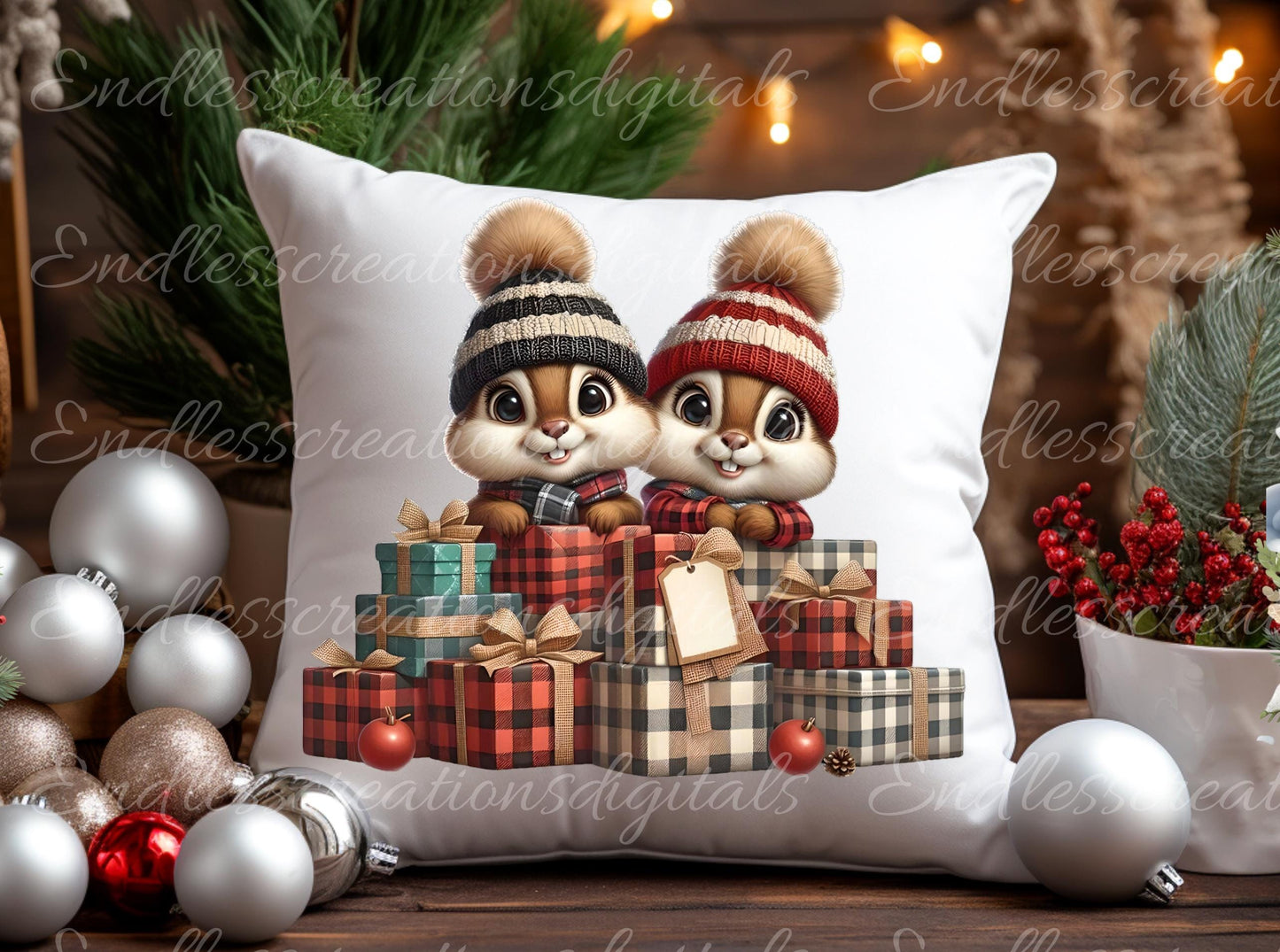 CHRISTMAS CHIPMUNKS PILLOW covers, tea towel, mugs,  sublimation package of 5 blanks add your own text high definition 300 Dpi, transparent,